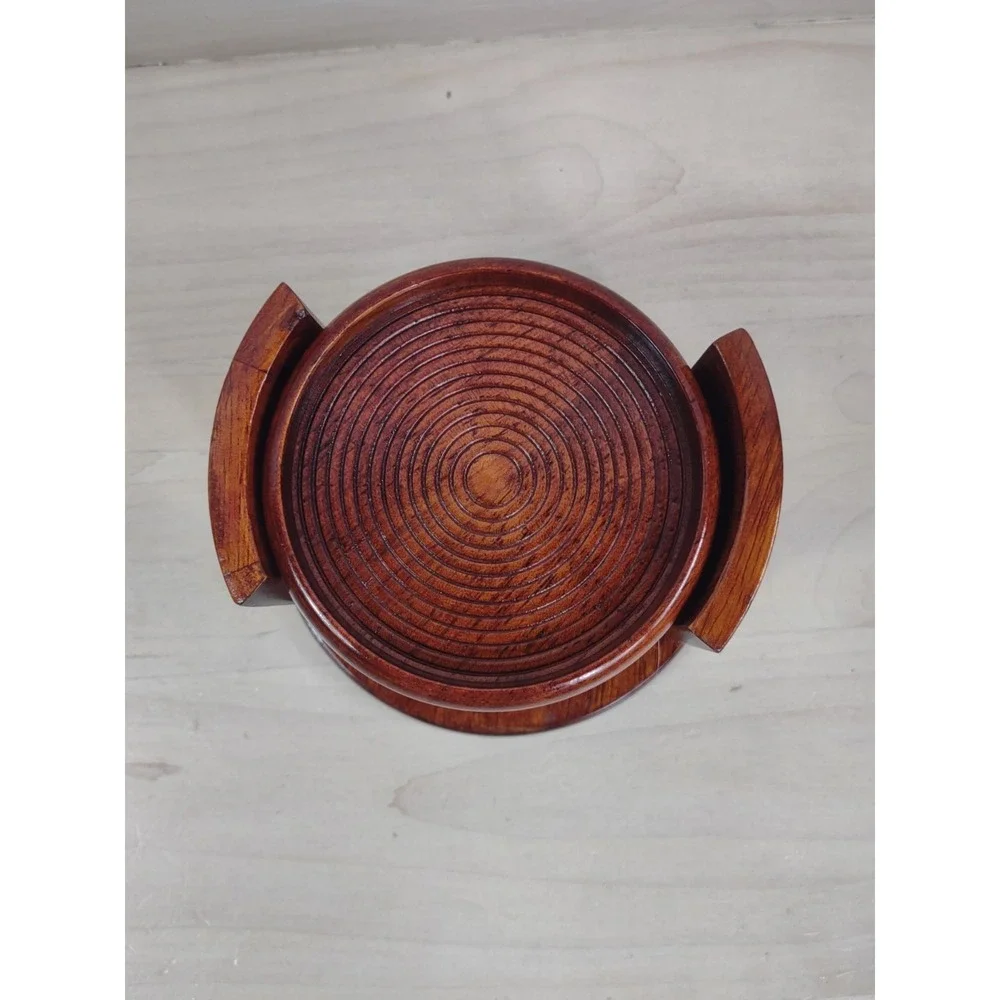 VTG MCM 6 Piece Set Rosewood Coasters W/ Matching Holder Glossy Home Decor